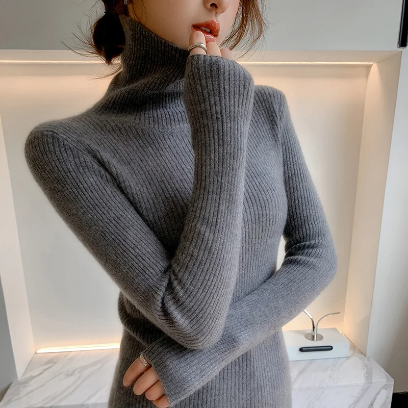 100% cashmere sweater women's knitted pullover sweater high neck solid color slim fit soft cashmere basic women's sweater