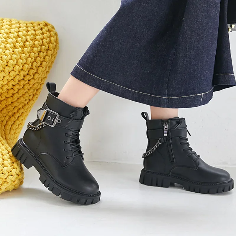 New Kids Shoes Soft Sole Casual Ankle Boots Girls Cotton Shoes Zipper Non Slip Leather Boots Boys Student Shoes Children Shoes