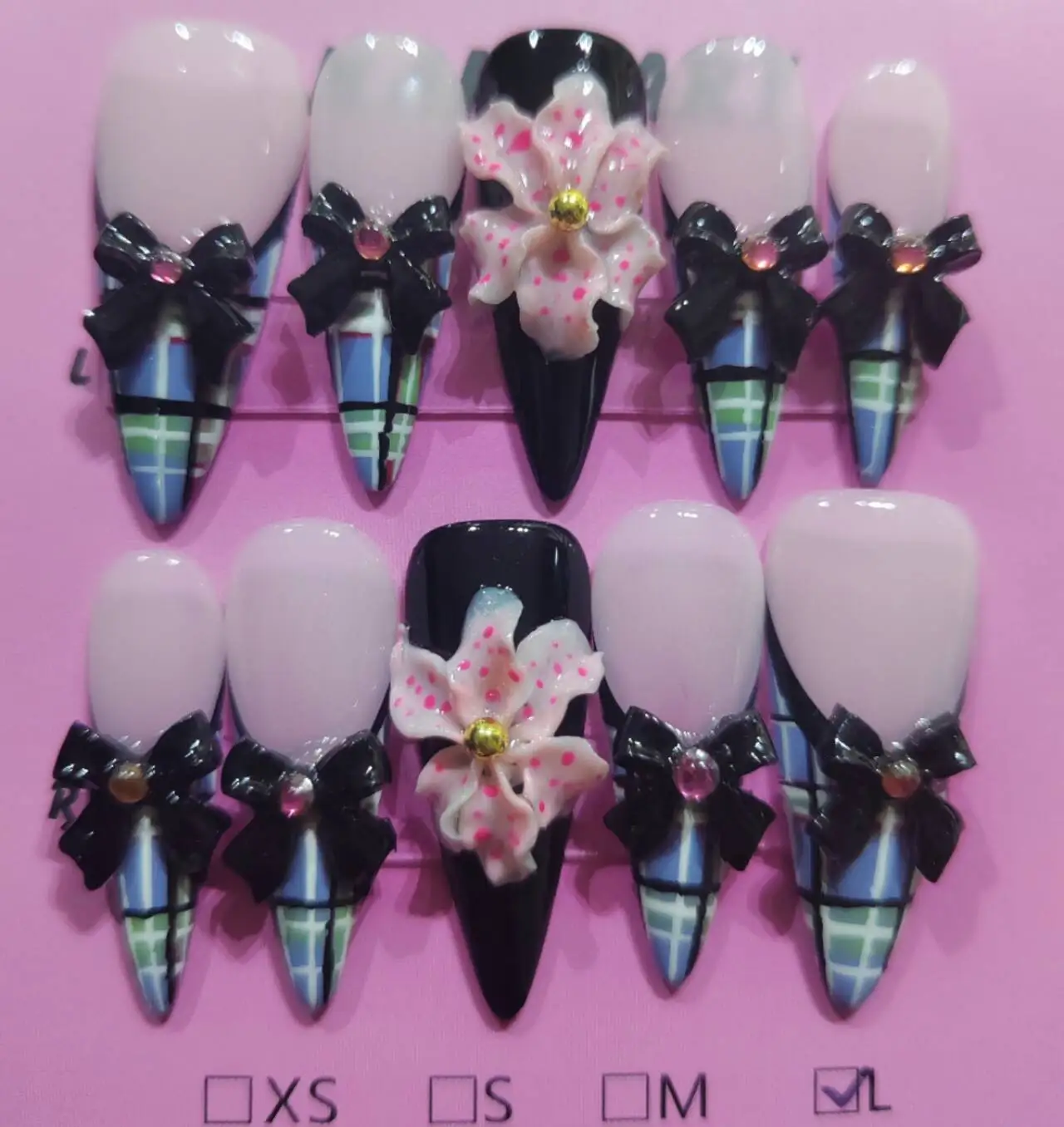 10 ชิ้นเล็บ Overlength Stiletto Handmade ภาษาโปลิชคํา Gingham Pearl Inlay 3D โบว์เล็บกดออกแบบกาวเล็บแฟ้มชุด