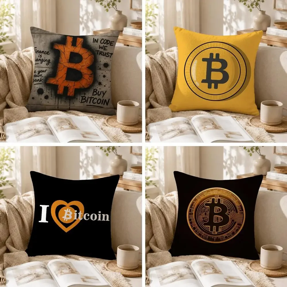 Bitcoin Cryptocurrency Btc Cushion Cover Natural Linen Organic Fabric Double-Sided Printing Sofa Home Decor Gift Pillow Case