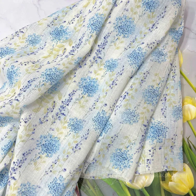 Tela de ramio de alta calidad, telas con estampado de flores azules, camisa, pantalones, vestido, telas cheongsam para material, 1 yarda