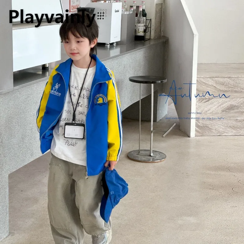 

2025 New Spring Autumn Boys Color Blocking Coats Blue Yellow Turn-down Collar Long Sleeve Zipper Jacket Children Clothes A5020