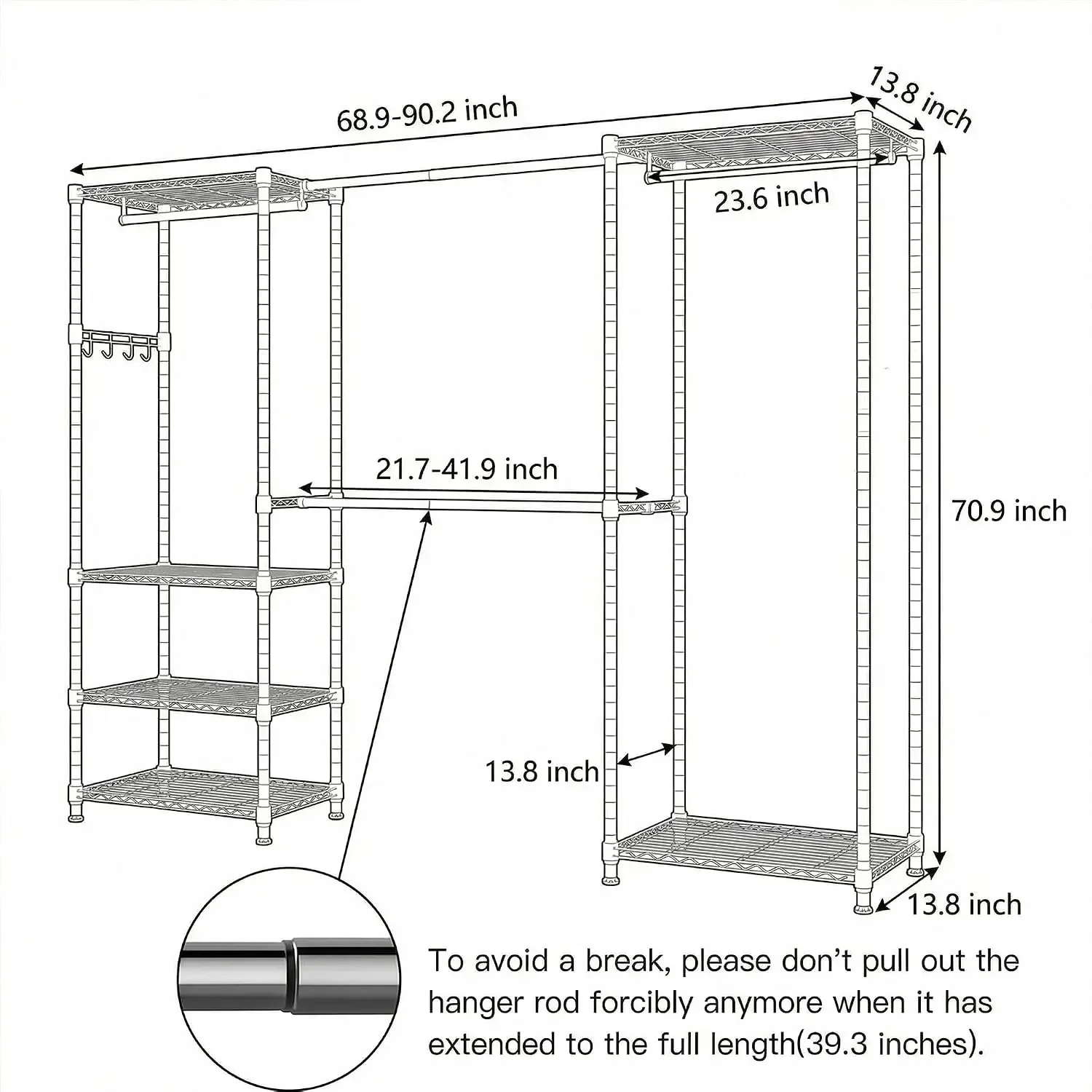 Heavy Duty Clothes Rack Freestanding Closet for 68.9 to 90.2