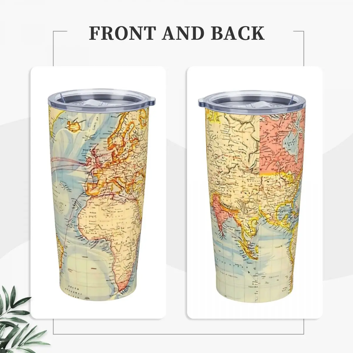 World Map Stainless Steel Tumbler Map Of The World 1883 Mugs Cup Large Coffee Mug Leakproof Cold and Hot Milk Tea Water Bottle