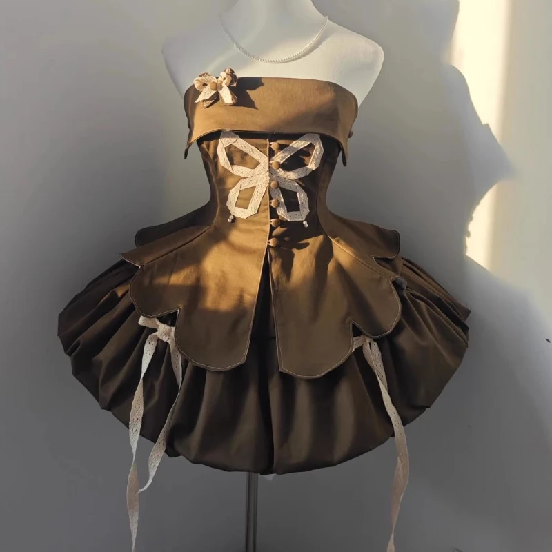 

New Kawaii Fashion Sweet Cute Lolita Two Piece Sets Summer Strapless Buttons Flower Appliques Design Tank Top Y2k Puffly Skirts