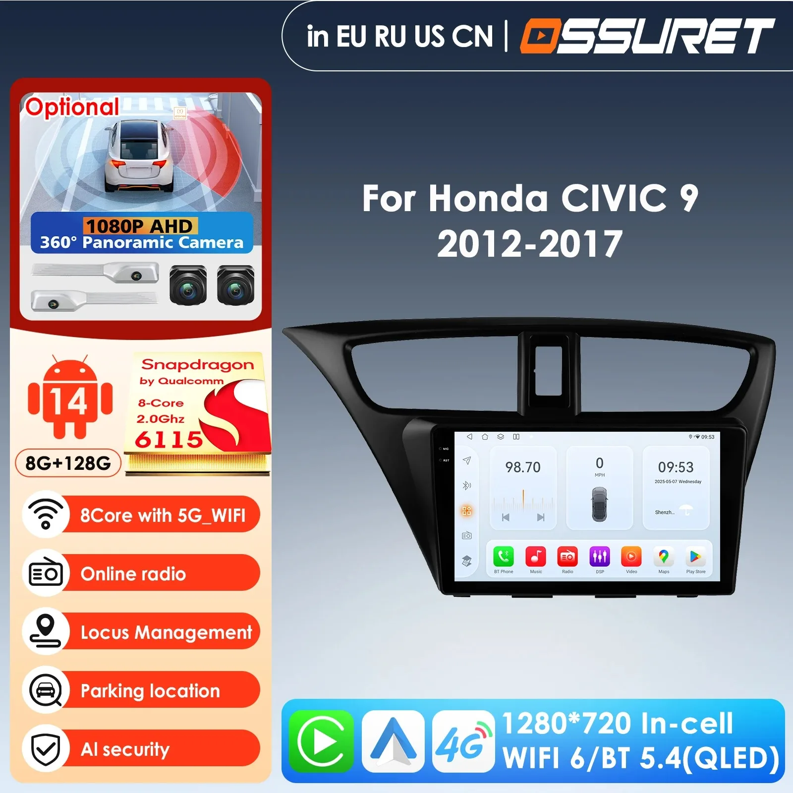 

360 Camera AI Intelligent Player Carplay Auto 4G 2din Android Car Radio for Honda Civic 9 FK FB 2012 - 2017 Autoradio GPS Stereo