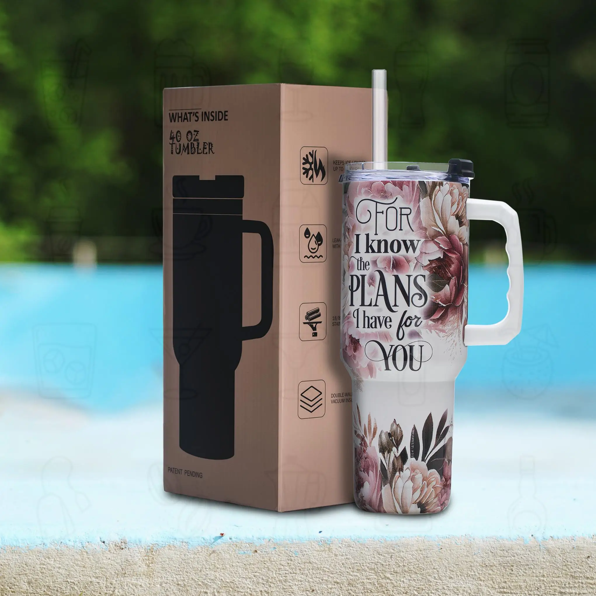 

40oz Floral Stainless Steel Tumbler with Motivational Message, Vacuum Insulated with Handle, Christian Gift for Women