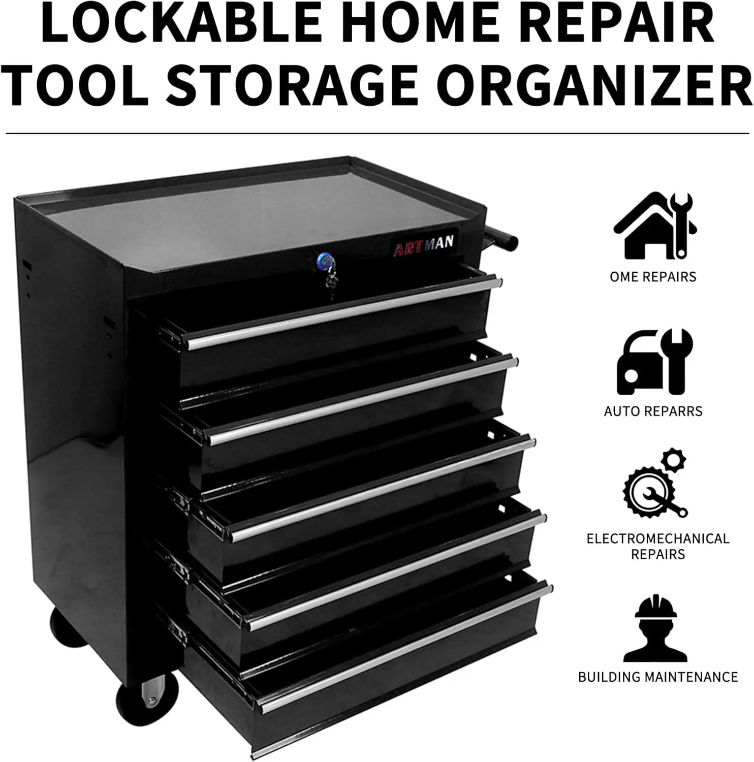 Imagem -05 - Caixa de Ferramentas de Rolamento Bloqueável sobre Rodas Home Repair Tool Storage Organizer Armário de Ferramentas para Garagem Mecânica