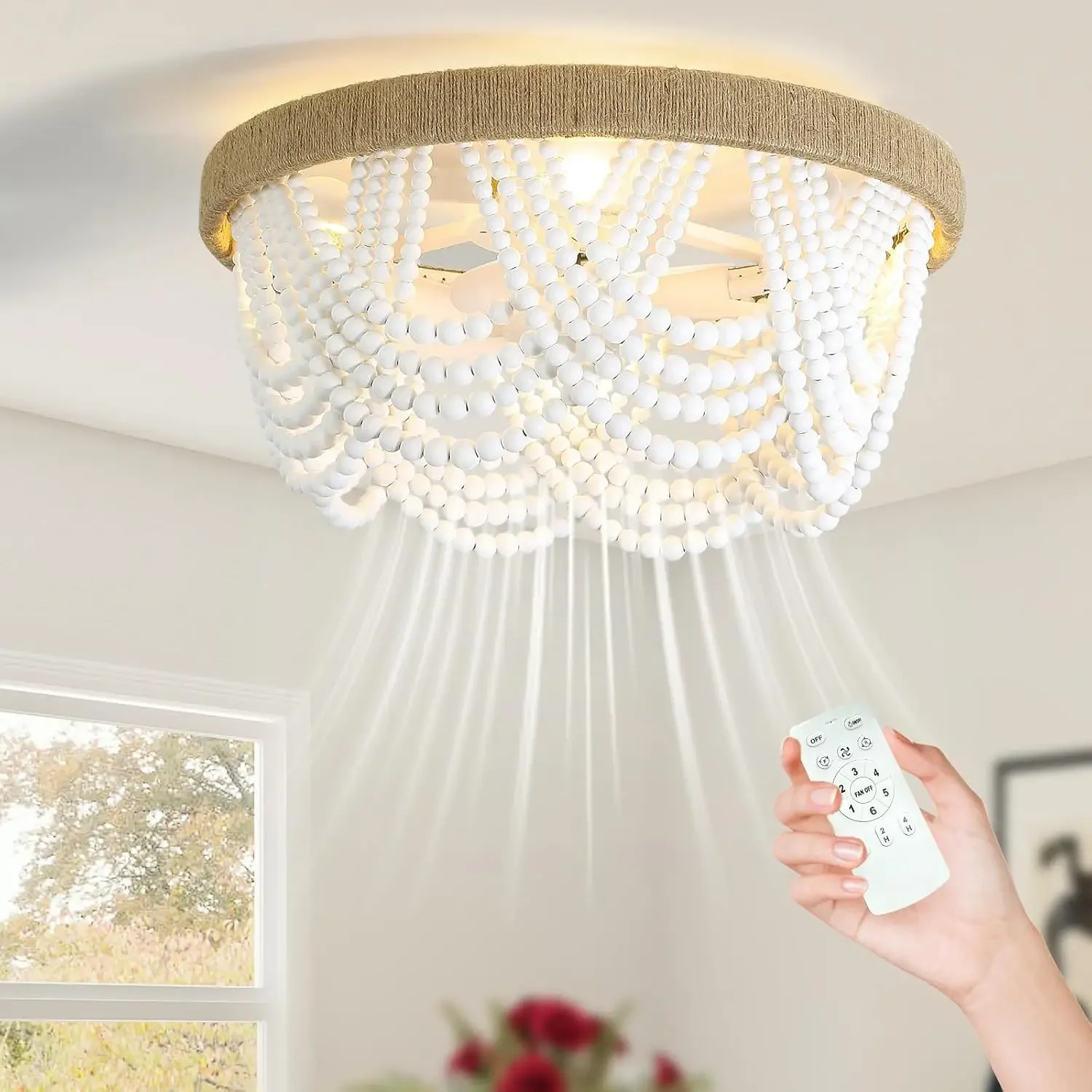 

Bohemian Style Ceiling Fan Lamp Dining Room Ceiling Fan Light Beaded Invisible Ceiling Fan Lights for Bedroom, Living Room