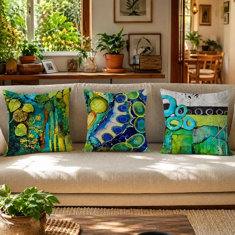 Abstract Blue Green Cushion Cover Skin-Friendly Organic Linen Pillow Cover Durable Hypoallergenic Washable Soft