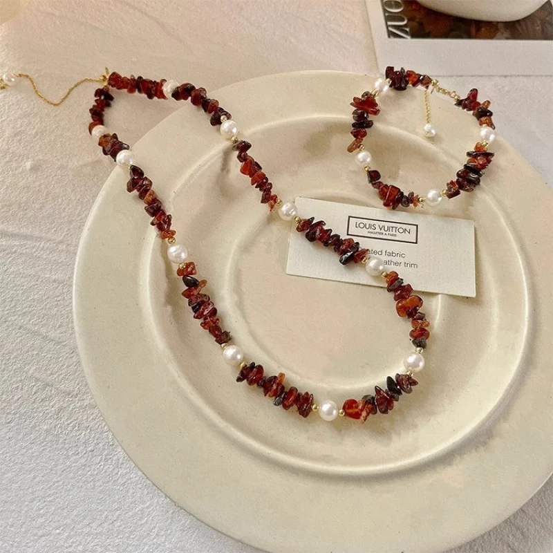 

Freshwater Pearl Red Agate Necklace Pullable Design Garnet Bracelet Elegant Internet Celebrity Bracelet Necklace Set