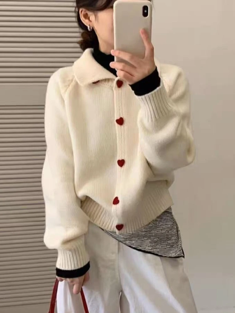 Korean Collared Knit Women Cardigan 2026 Autumn Winter Solid Soft Heart Buttons Loose Sweater Figure Flattering Design Outerwear