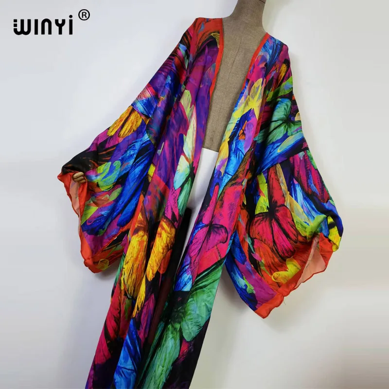 2022 new WINYI Summer Butterfly printing Beach Wear Swim Suit elegant Africa women boho Cardigan sexy Holiday long Sleeve Kimono