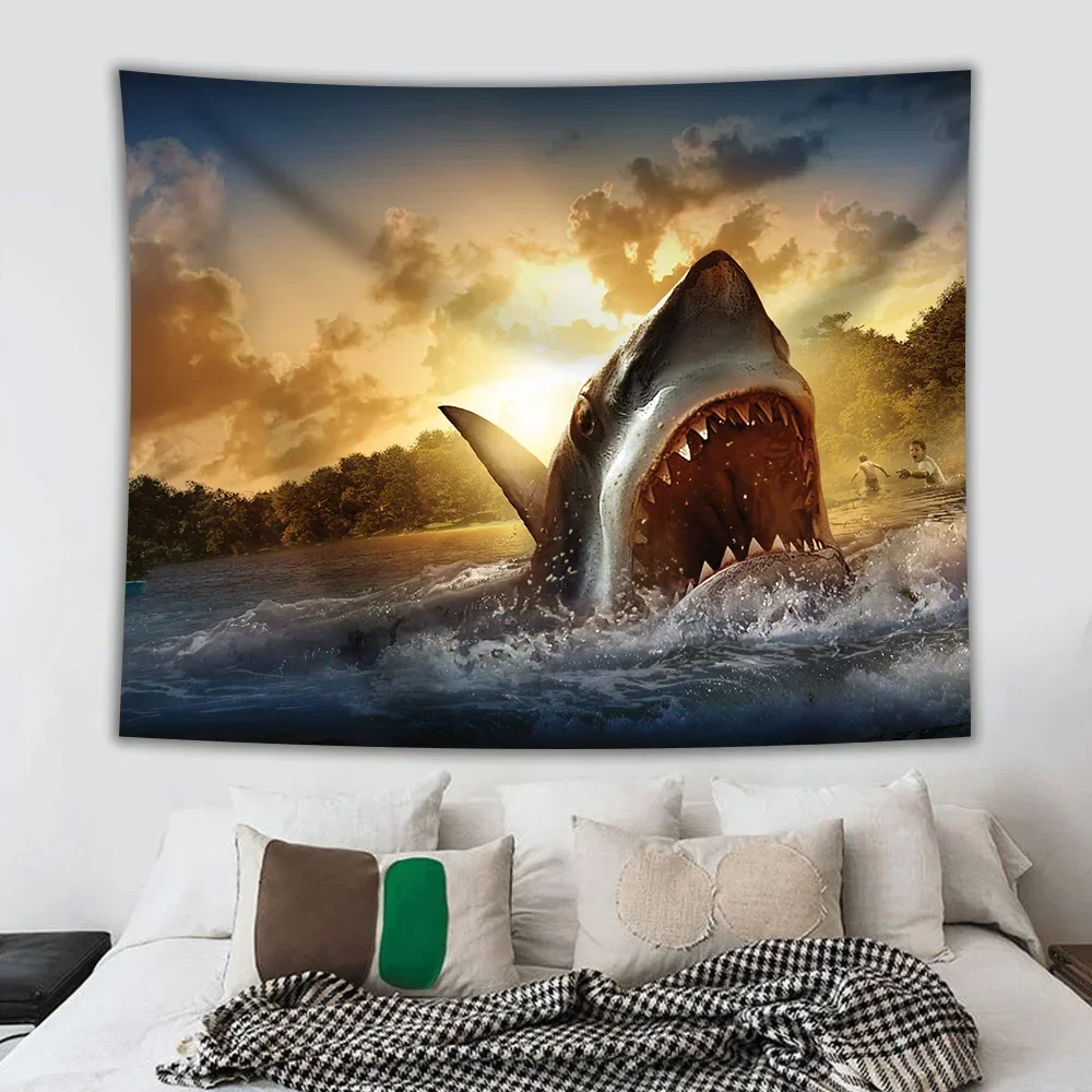 Marine Life Tapestry Underwater World Giant Shark Tapestry Modern Art Tapestry Wall Hanging for Dorm Living Room Bedroom Decor