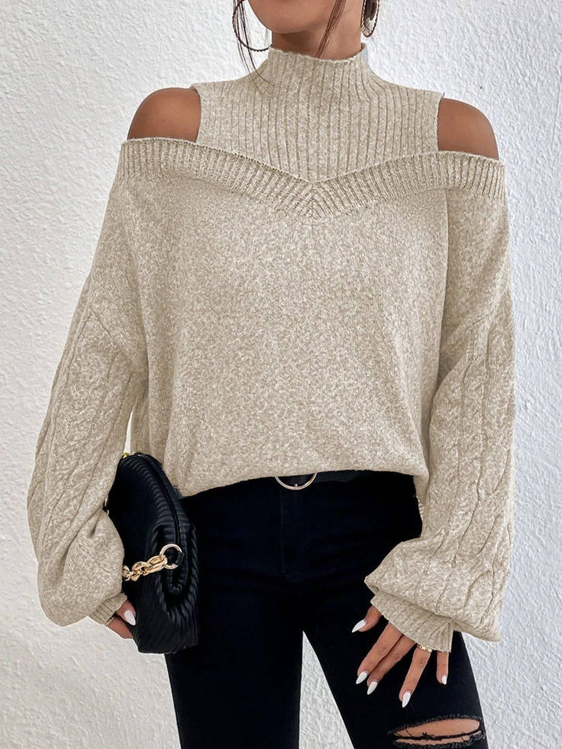 XL Size Cold Shoulder Turtleneck Loose Sweater Grey Off The Shoulder Pullover Women's Fashion Knitted Sweaters