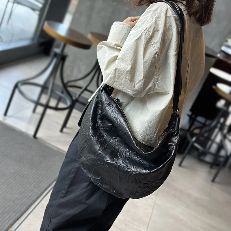 Johnature 2024 Autumn/Winter Genuine Leather Women's Bag Pleated Tote Bag Large Capacity Cowhide Casual Shoulder Bags