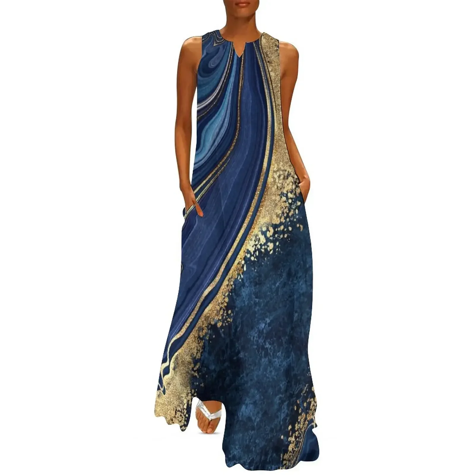 

Liquid Marble Blue and Gold Long Dress dress for women clothes for woman women's clothing summer 2025 novelties Dress
