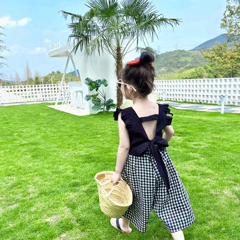 Girls Clothing Set Summer Fashion Backless Vest Top T-Shirt & Plaid Pants 2Pcs Children Outfit Suit Kids Girls Clothes Sets 3-7Y