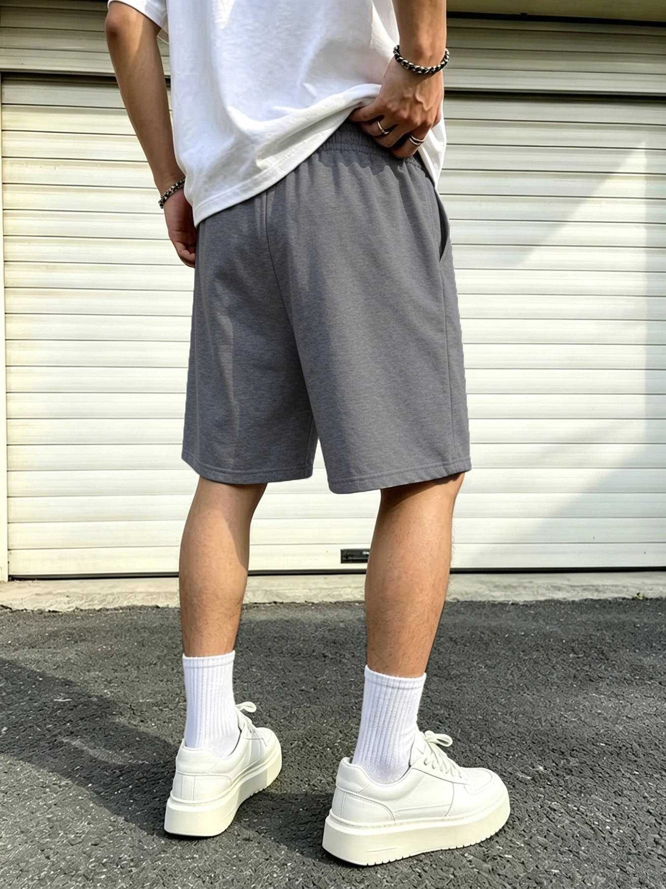 Men's soft knit casual shorts solid color elastic drawstring waistband suitable for all waist sizes loose wide-leg cut