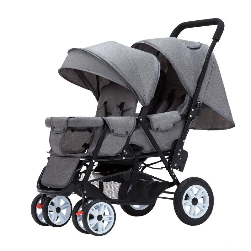 

Lightweight Tandem Double Baby Stroller Front and Rear Seats Convertible Sitting and Lying Foldable Two Child Pushchair