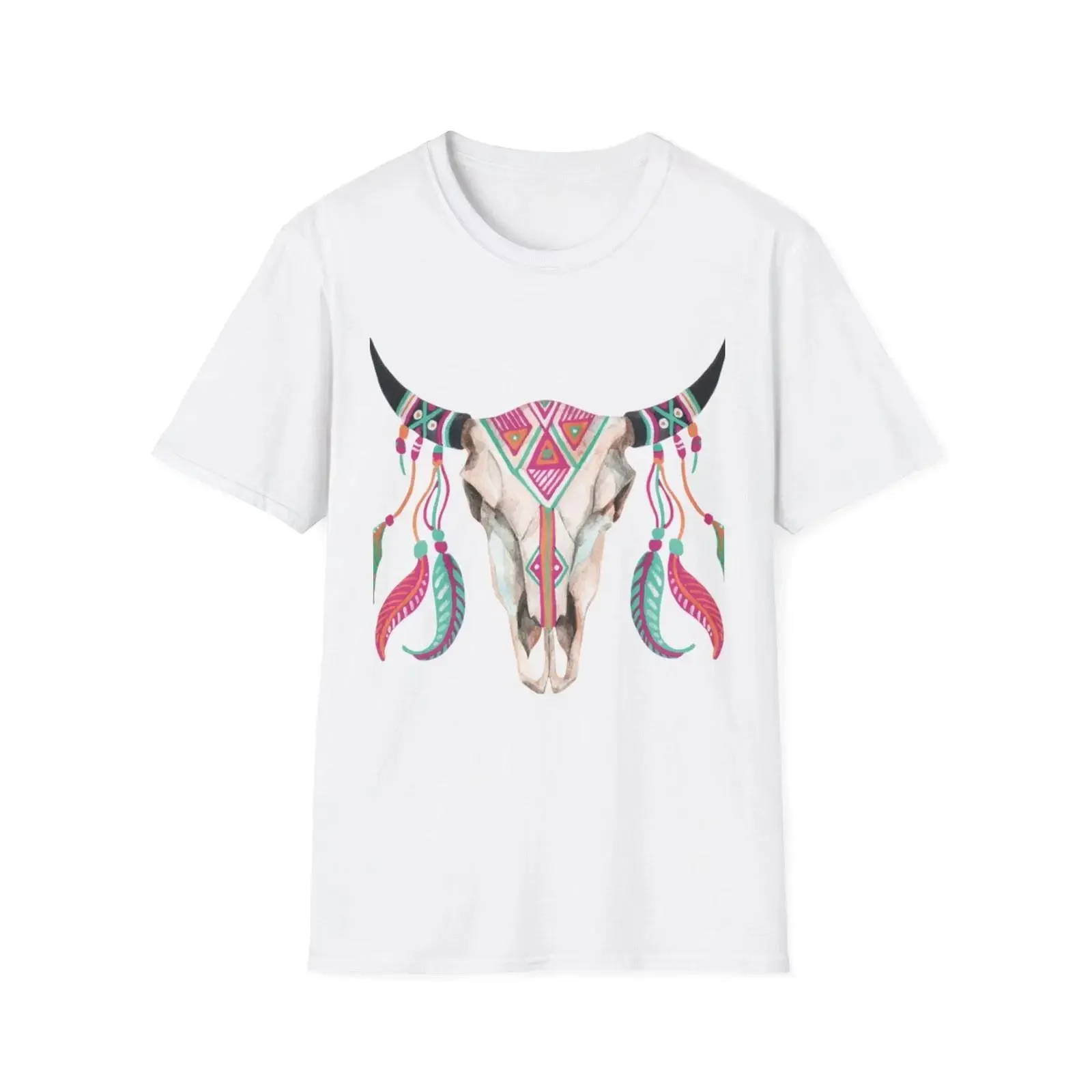 Boho Painted Bull Skull T Shirt Southwestern Feather Aztec Design vintage Washed streetwear Soft Stretched fashion Unisex homme