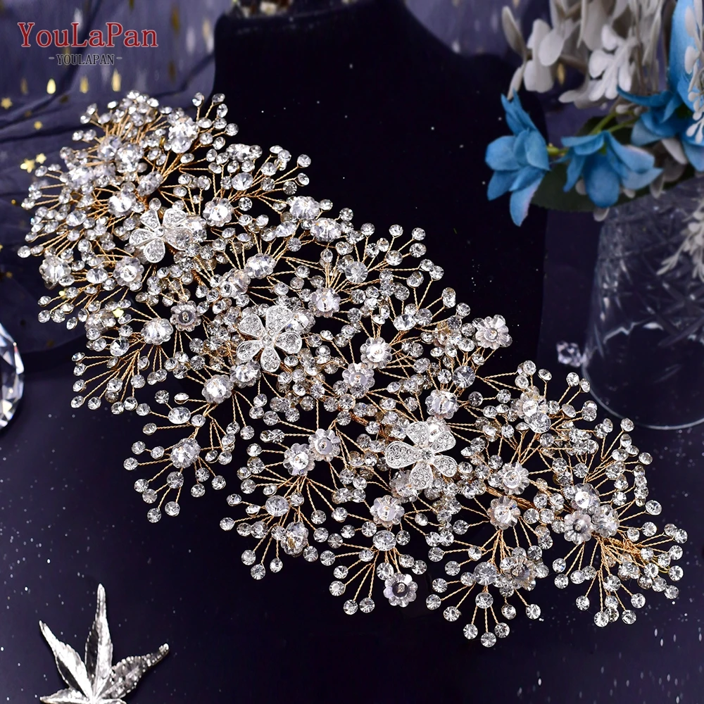 YouLaPan altın düğün kristal kafa bandı saç aksesuarları kadın düğün saç takı Rhinestone gelin tacı ve hphp240