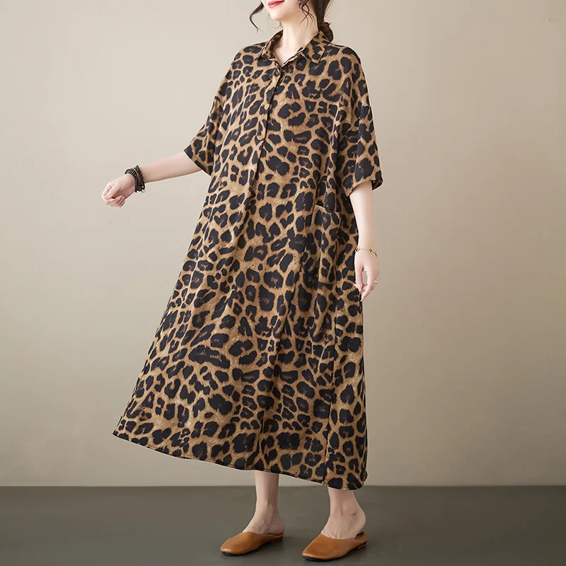 

#3544 Summer Leopard Shirt Dress Women Polo Neck Vintage Long Shirt Dress Short Sleeve Loose Pockets A-line Retro Midi Dresses