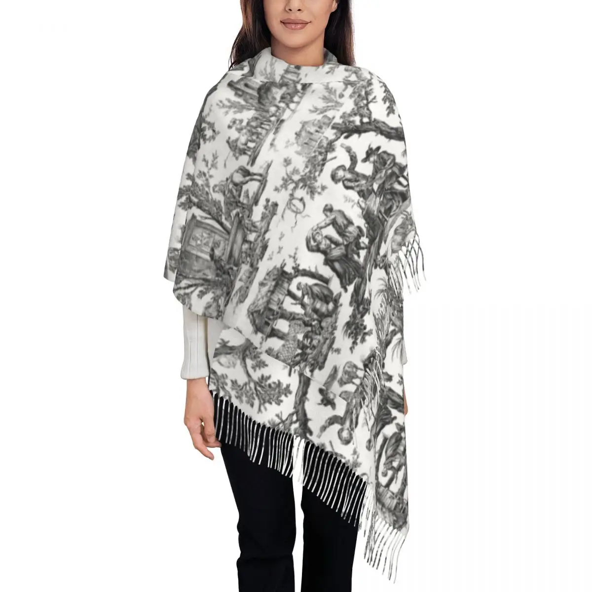 Personalized Print Black And White Toile De Jouy Scarf Men Women Winter Warm Scarves French Motifs Floral Shawls Wraps