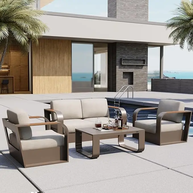 Outdoor Furniture with Aluminum Frame, Deep Seating Outdoor Loveseat and Coffee Table, Modern Patio Conversation Set