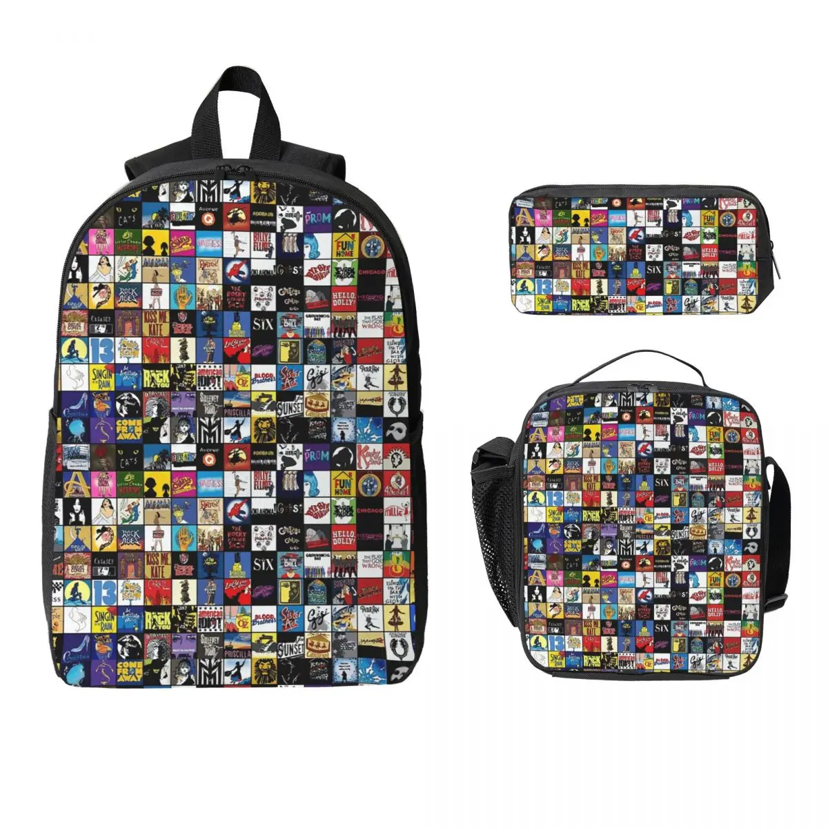 Broadway Musical Theatre Logos Hand Drawn Backpack Student Boys Girls BookBag School Bag 3ps Insulated Lunch Bag Pencil Case