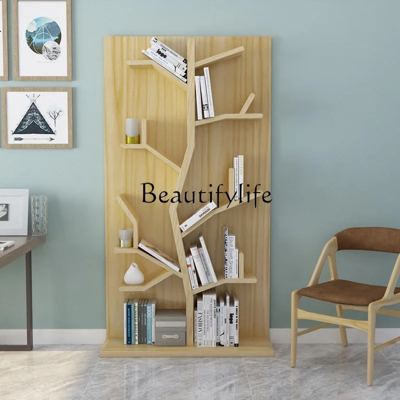 

Nordic Creative Storage Storage Rack Personalized Floor Simple Living Room Solid Wood Tree-Shaped Mobile Bookcase