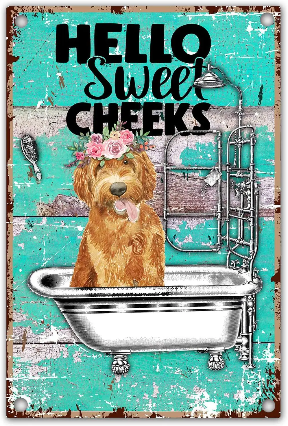 Hello Sweet Cheeks Goldenpoodle Dog Funny Bathroom Quote Retro Farmhouse Metal Tin Sign for Dog Lover, Dog Owner, Friend Gi sign