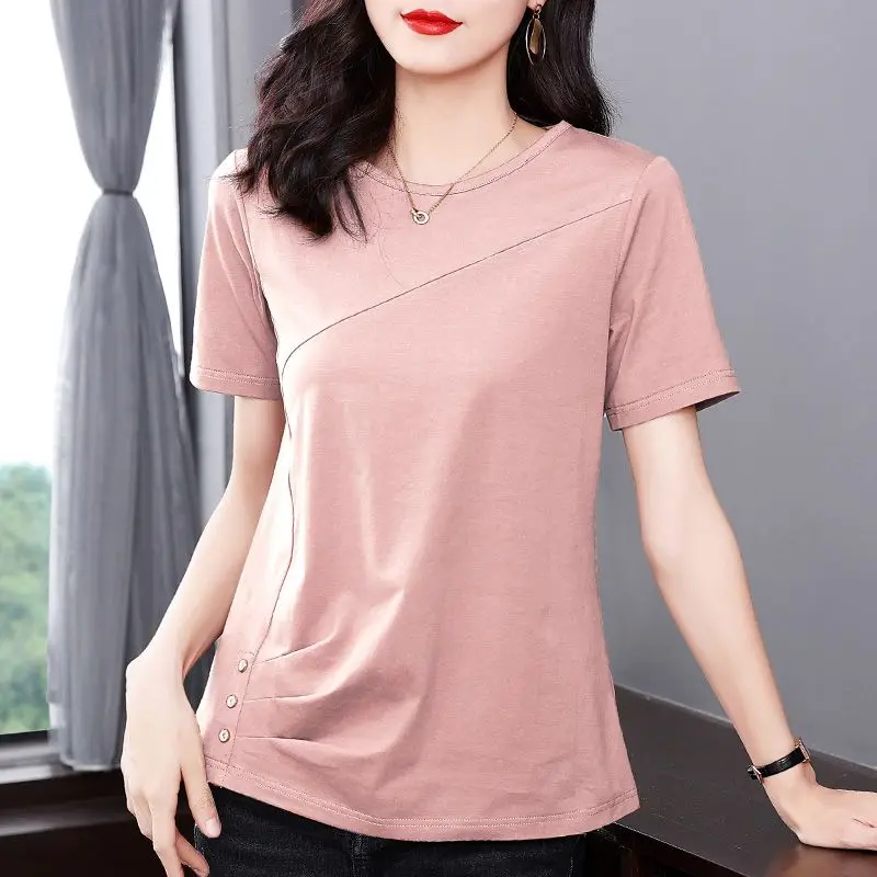 New Spring and Summer Women\'s Solid O-Neck Short Sleeves Loose Pullers Folds Button Fashion Casual All Match Commute Tops