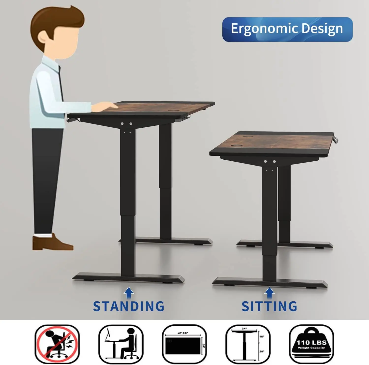 Mesa de computador de pé ajustável em altura, 55x24 '' grande estação de trabalho ergonômica inteligente moderna para escritório doméstico