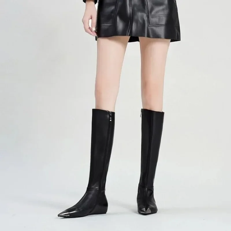 Brand Metal Pointed Women Knee Long Boots Fashion Stage Show Black Sexy Autumn Winter Over Knee Length Boots Size 34-45