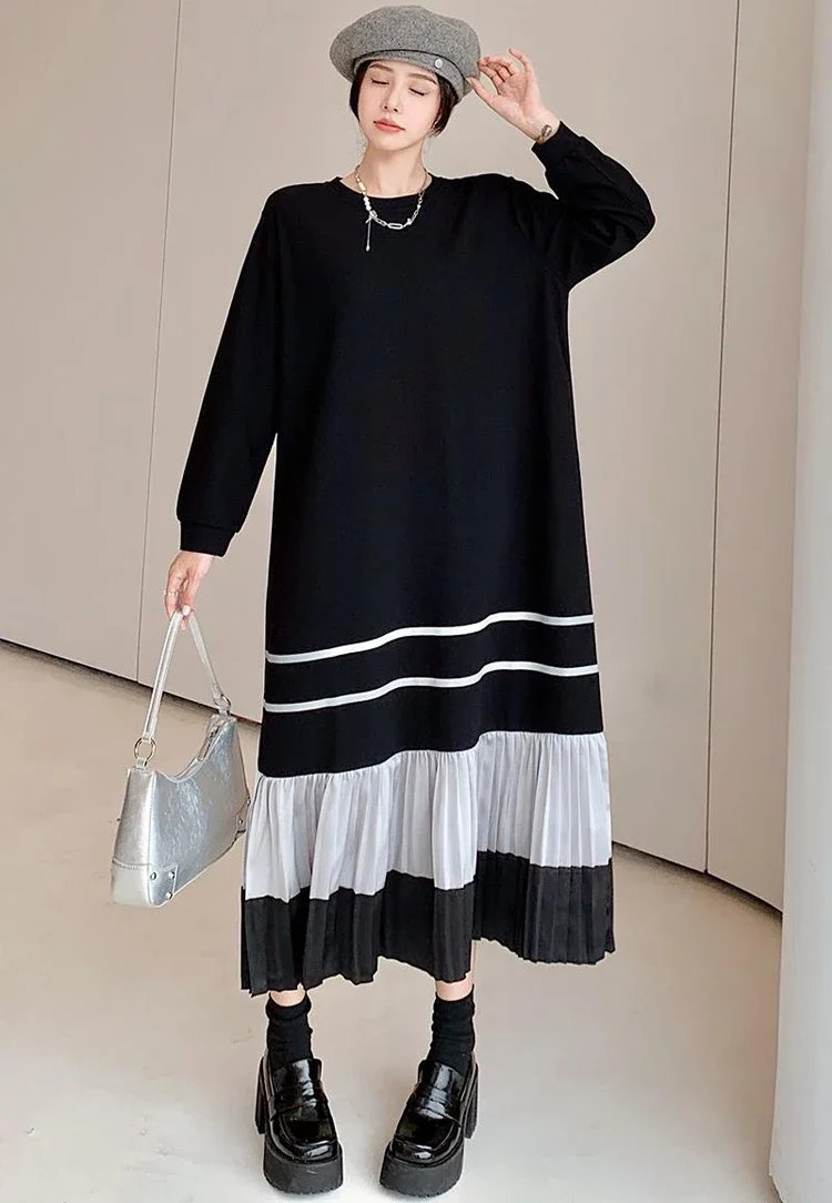 2025 خريف شتاء جديد إمرأة فستان طويل فضفاض حجم كبير رداء المرقعة الساتان هيم Elbise فساتين طويلة