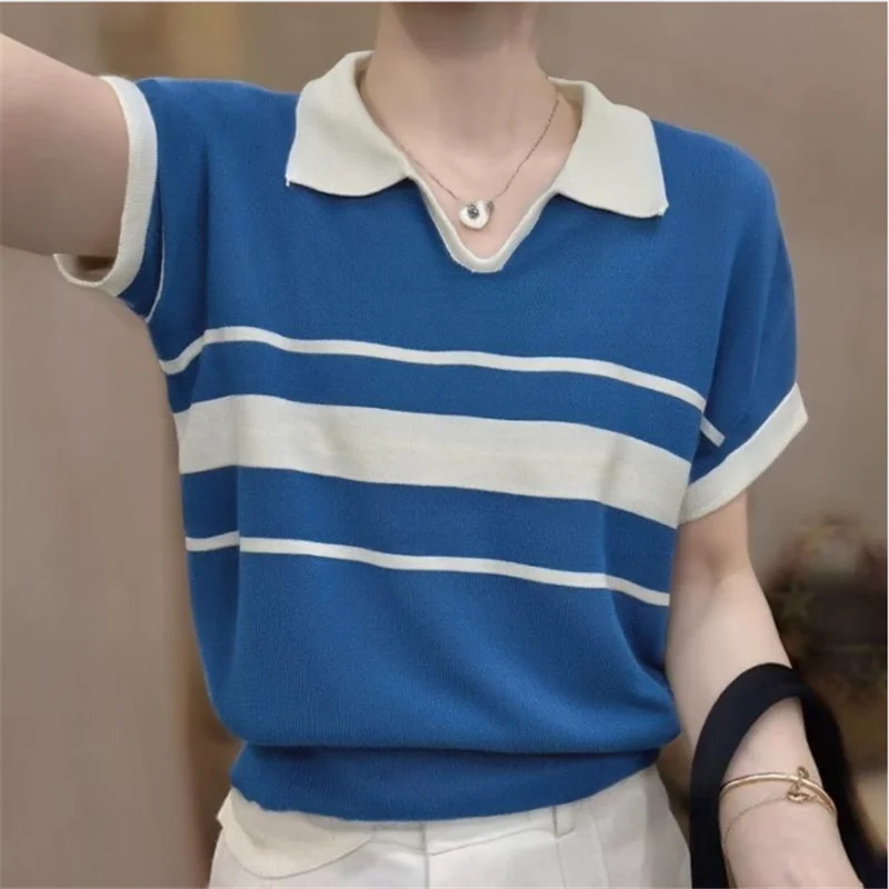 

Новый вязаный свитер с отложным воротником в полоску, женский пуловер с коротким рукавом, вязаный свитер-пуловер, женские топы, свитер женский Q3103