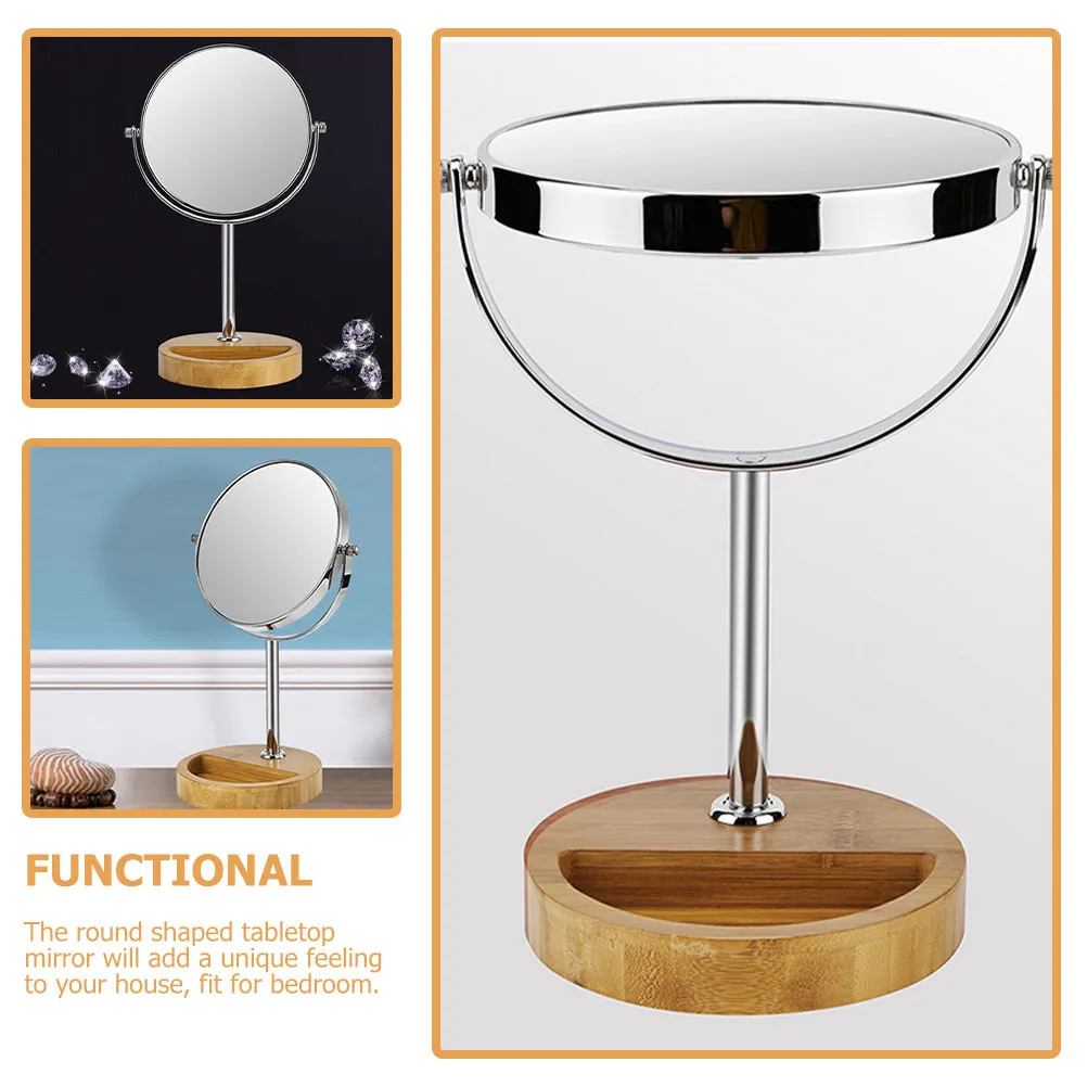360 Degree Rotating Table Top Makeup Mirror Double Sided Metal and Bamboo Base Desk Mirror for Women Men Daily Use