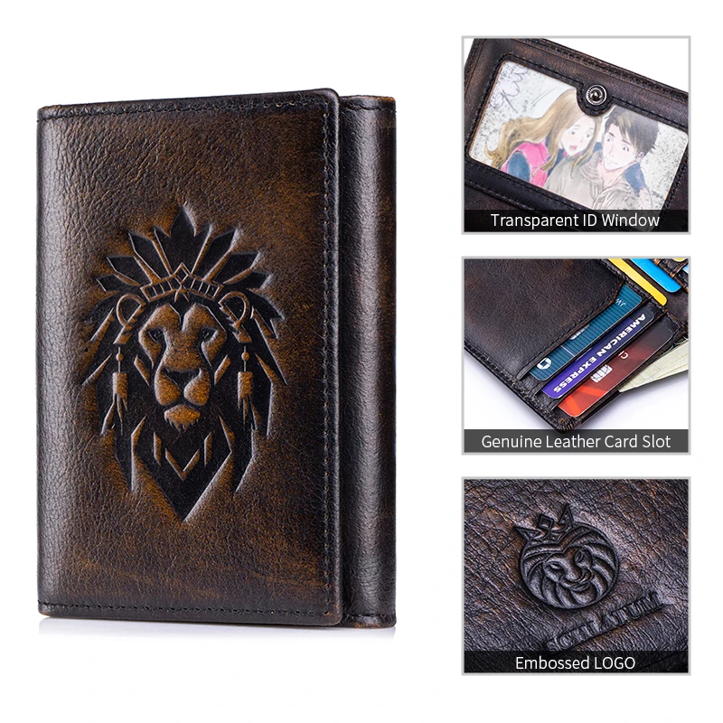 Vintage Men Trifold Front Pocket Wallet Genuine Leather Slim Rfid Blocking Wallet with Id Window 8 Credit Card Holder