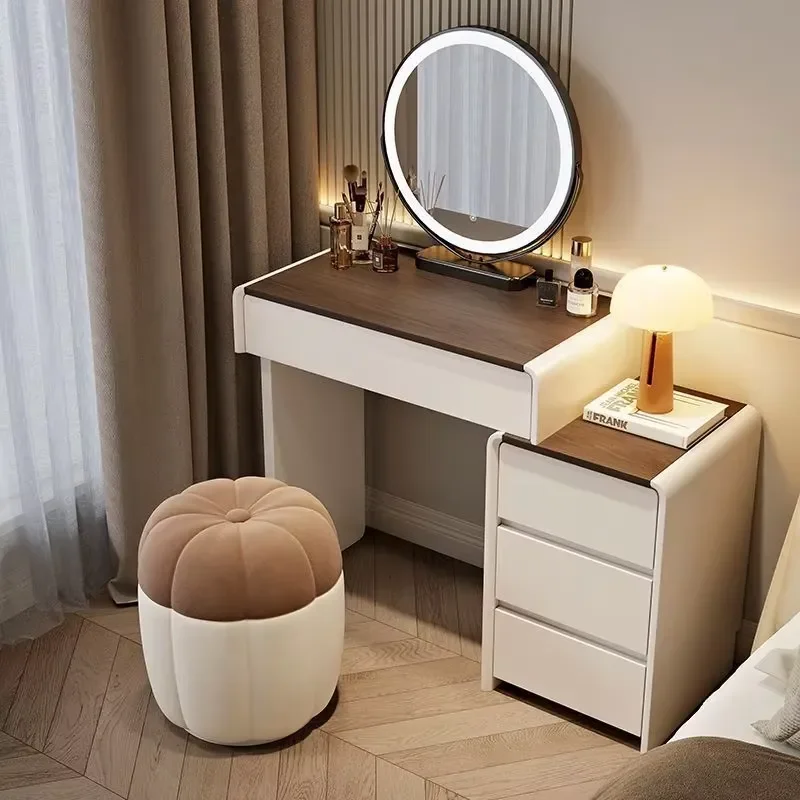 Modern European Luxury Dressing Table with LED Mirror Cream Wooden Makeup Vanity Desk 60 70 80cm Storage Cabinet for Small