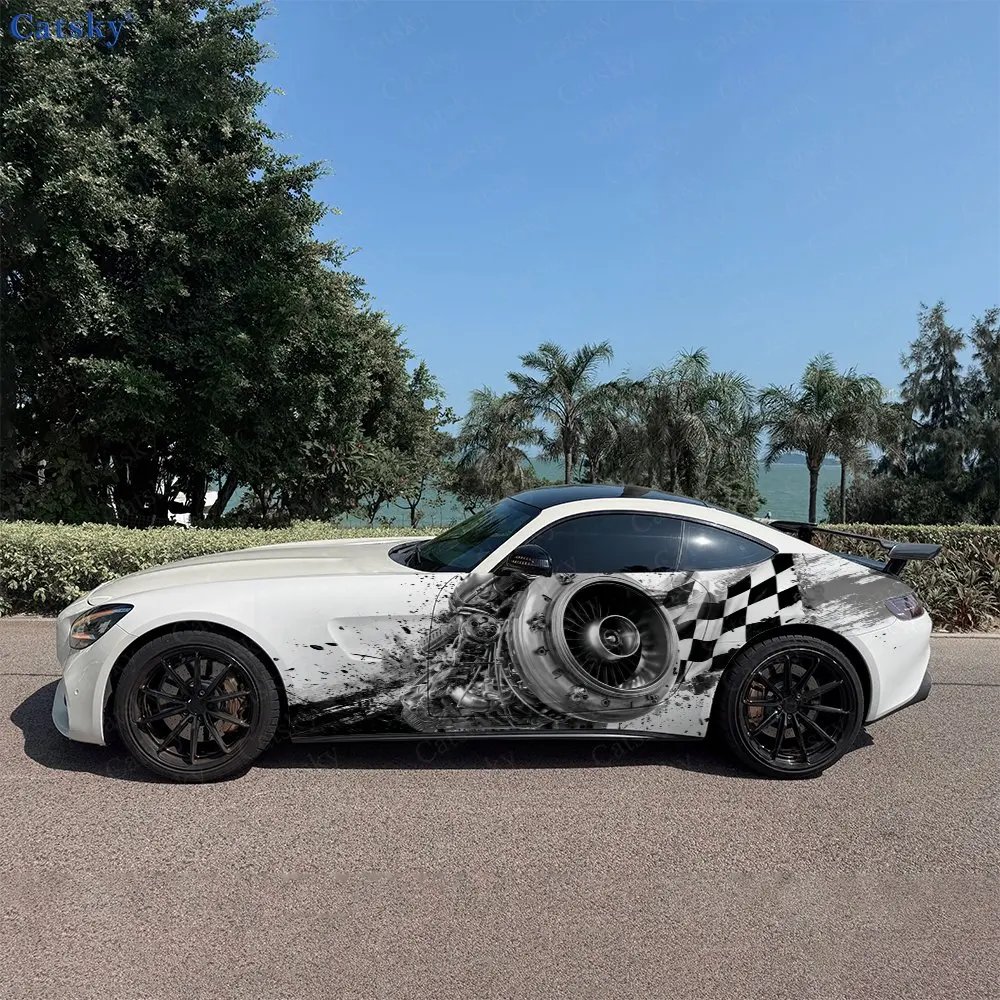 2pcs Checkered Flag Engine Frenzy, Durable, Fade-resistant, Enhance Vehicle Aesthetics With Bold Artistic Design Car Vinyl Wraps