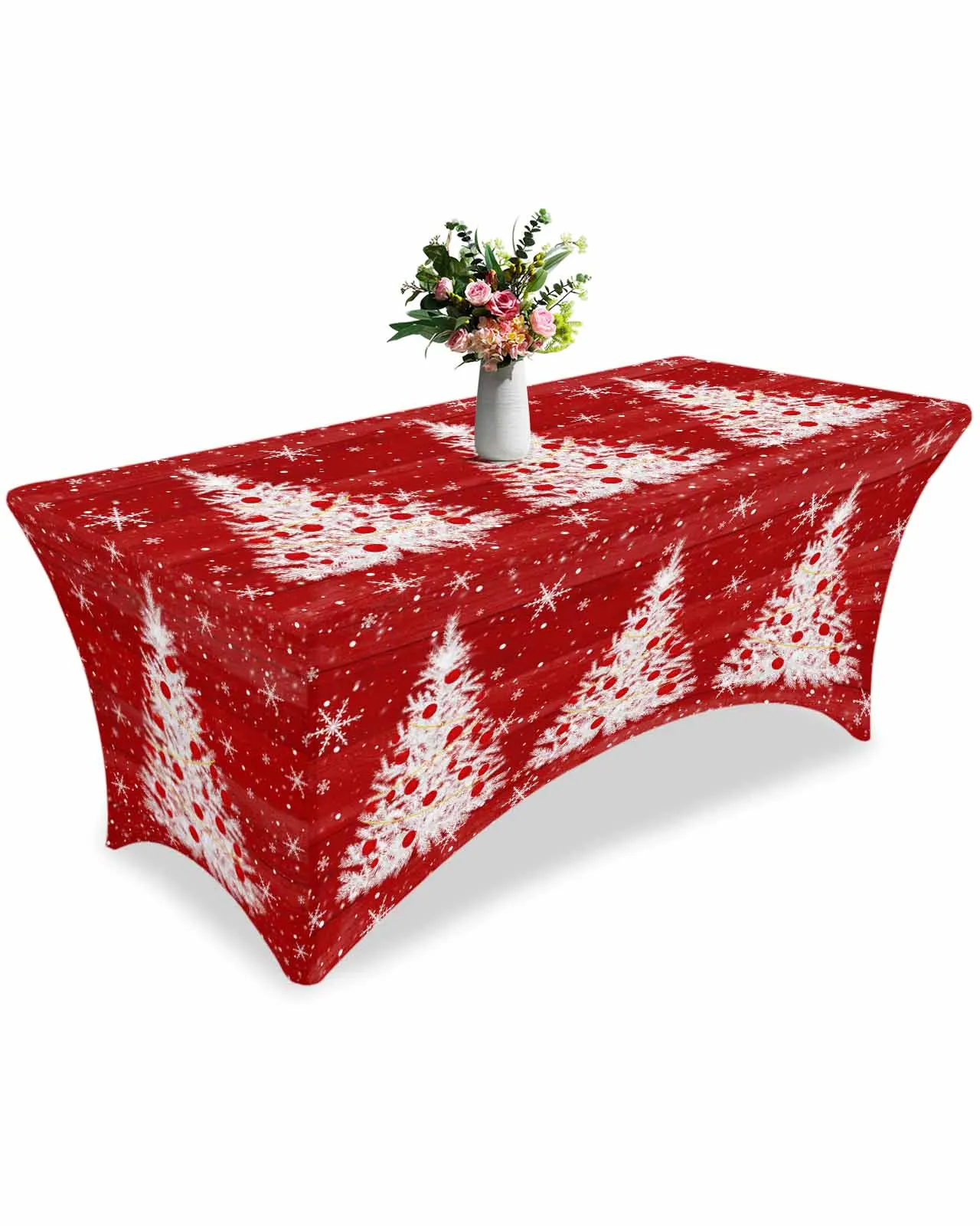 

Christmas Red Wood Grain Tree Snowflakes High Stretch Tablecloth Wedding Party Decor Table Cover Outdoor Table Cloth