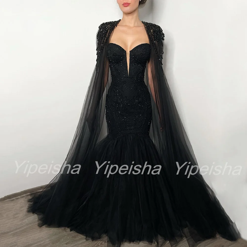 

Luxury Mermaid Wedding Dress Customized Pearls Beading Detachable Cape Sweetheart Applique Rhinestones Black Gothic Bridal Gown