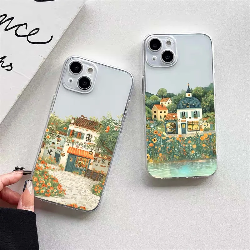 Oil Painting Garden Grange Countryside Fairy Art Clear Phone Case For iPhone 15 14 13 12 11 Pro Max Mini XR XS X 7 8 Plus Covers