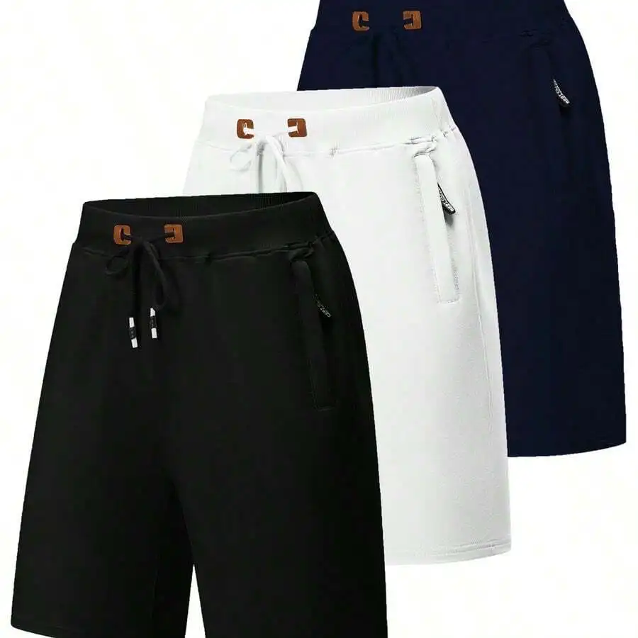 

Mens Casual Drawstring Elastic Waist Shorts With Zipper Pockets Summer Beach Sports Shorts 3pcs