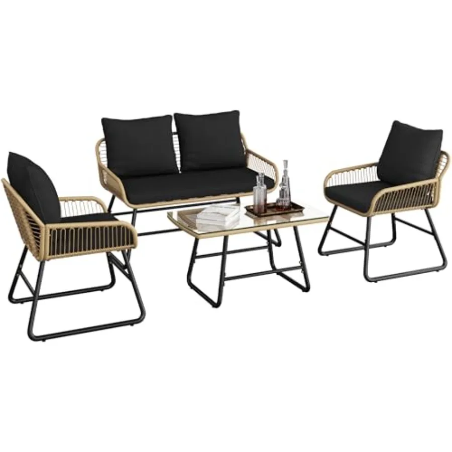 Patio Furniture Set, Outdoor Wicker Conversation Sets, Boho Loveseat and 2 Armchairs with Cushion and Pillow, Glass Top Table f