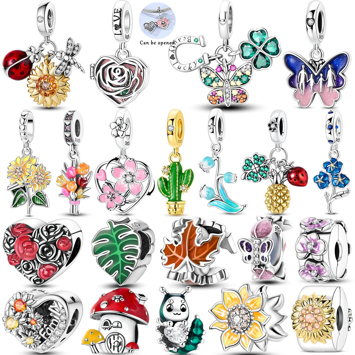 

925 Sterling Silver Insects Plants Charms Bead CZ Zircon Flower Butterfly Pendants Fit Original Bracelet DIY Jewelry Gift