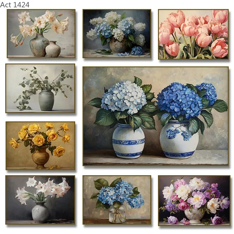 Vintage White Peony  RoseTulips in Antique Vase Blue Hydrangea Poster Canvas Painting Print Wall Art for Living Room Home Dec