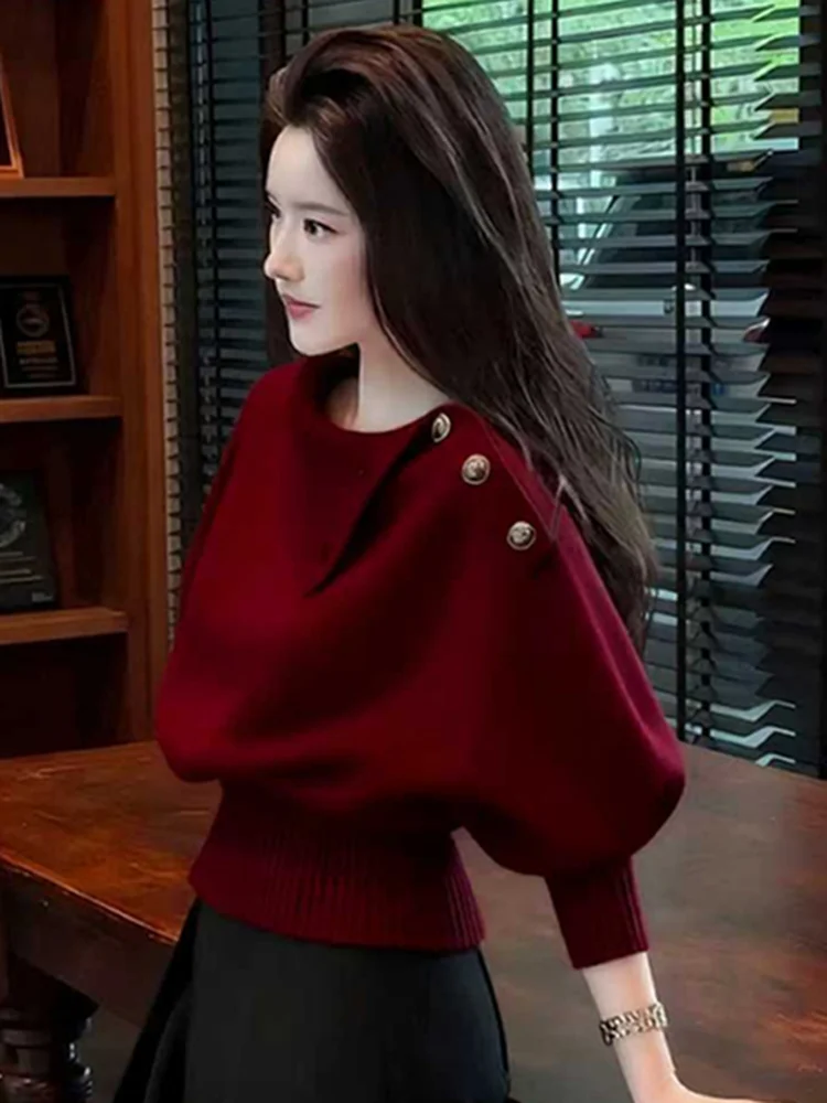 2026 Autumn Winter Fashion Light Maturity Knitted Top Wine Red High Intelligence Atmosphere Sensation Very Good Looking Women...