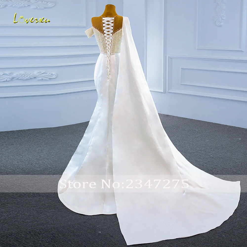 Loverxu Mermaid Sexy Wedding Dresses O-Neck Sleeveless Ribbon Vestido De Novia Beaded Pearls Matte Satin Custom Made Bridal Gown
